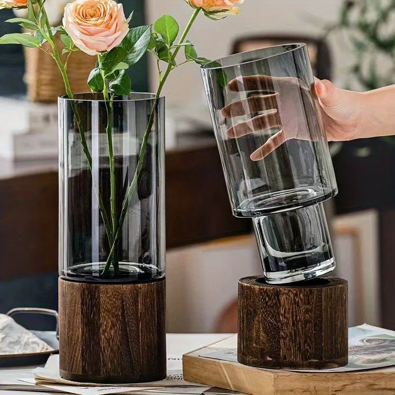 🌿 Vase en Verre avec Base en Bois – Élégance et Design Minimaliste ✨