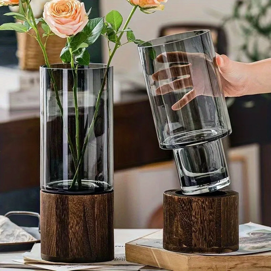 🌿 Vase en Verre avec Base en Bois – Élégance et Design Minimaliste ✨
